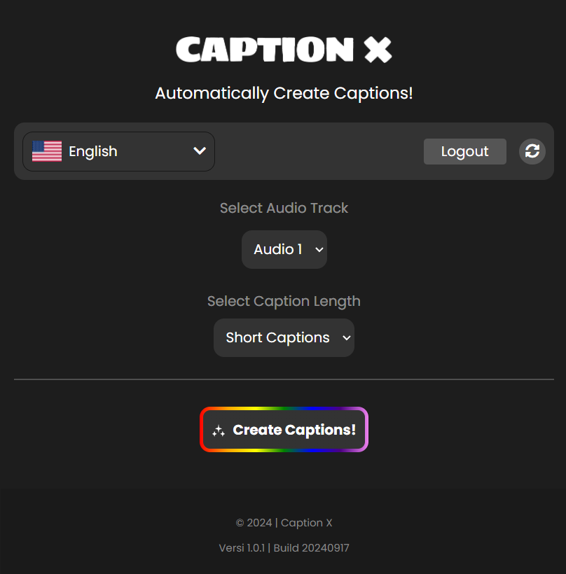 CaptionX plugin panel inside Adobe Premiere Pro