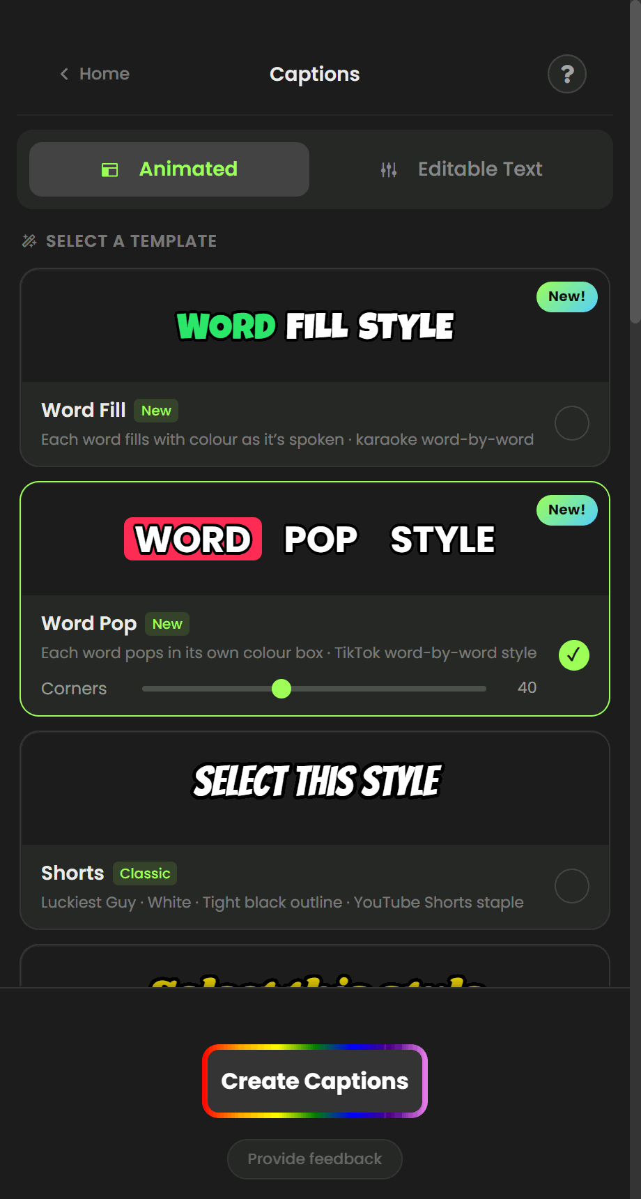 CaptionX panel in After Effects: choosing an animated caption template