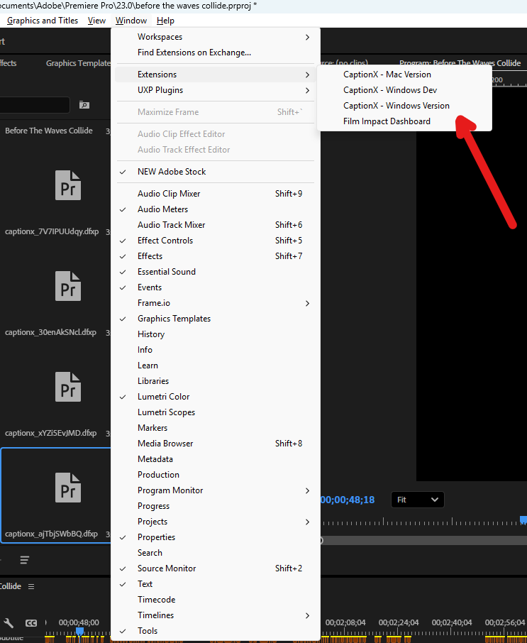 Premiere Pro menu showing Window, Extensions, and Caption X