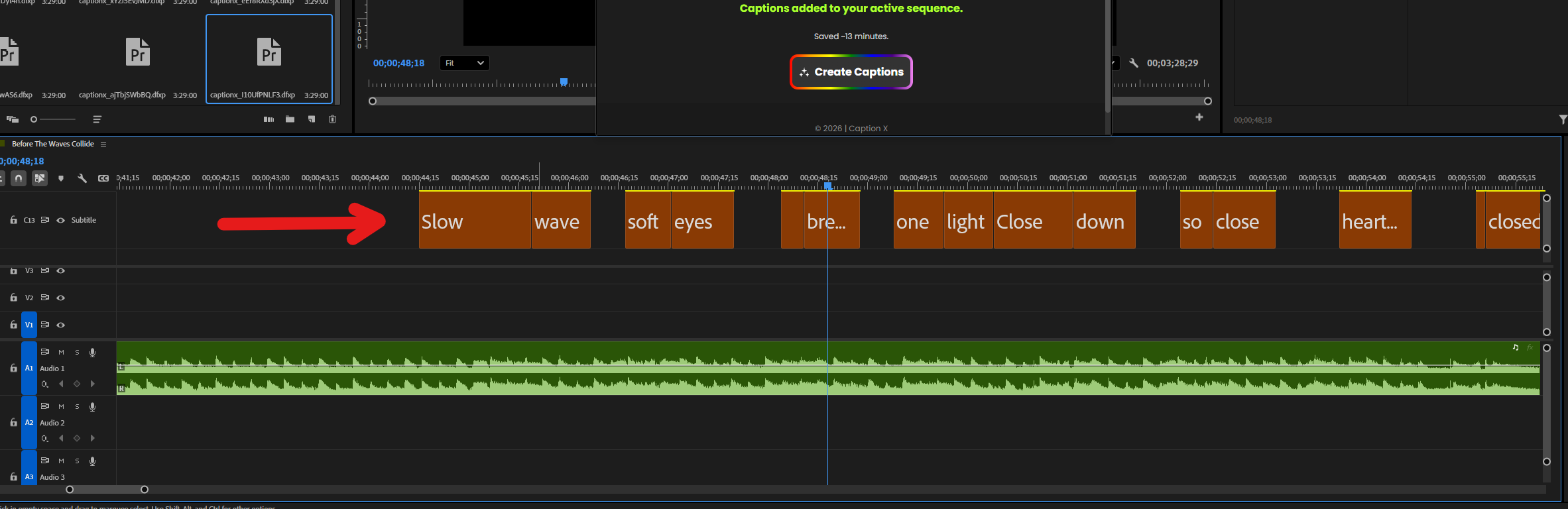 Premiere Pro timeline showing the newly added caption track