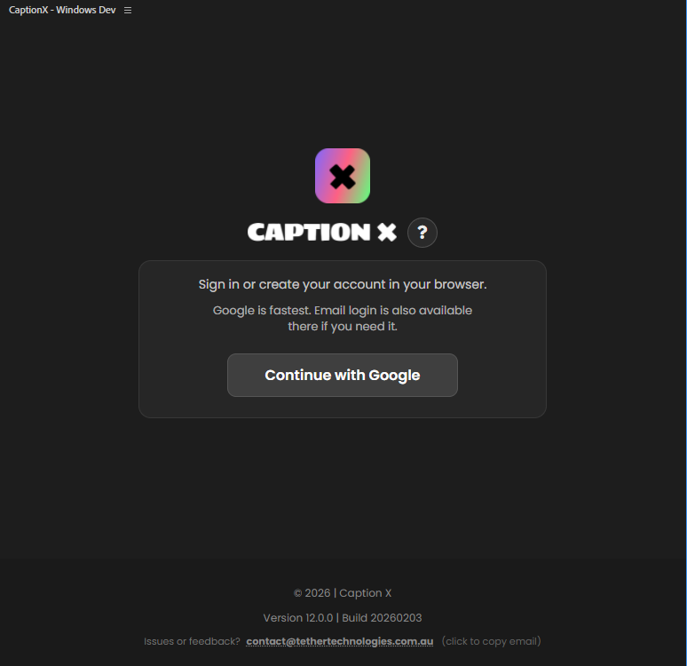 Caption X login screen with Continue with Google button