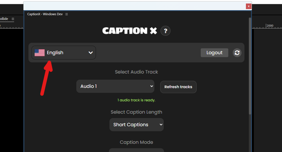 Caption X panel with the language dropdown visible at the top