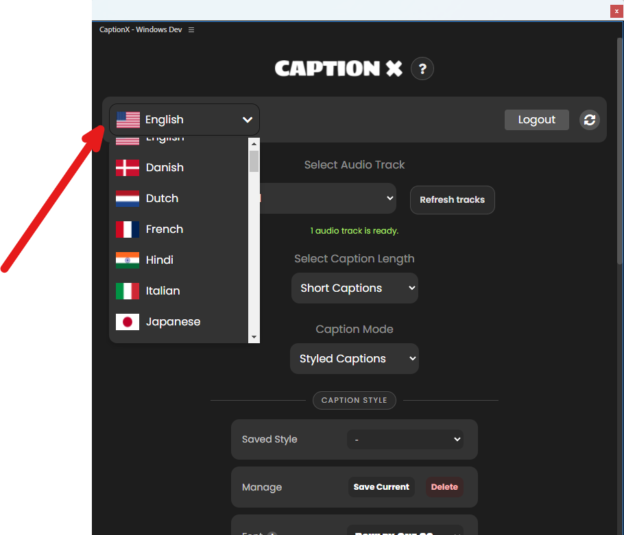 Caption X language dropdown opened with multiple language options