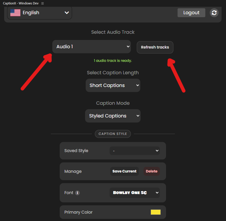 Caption X audio track selector with Refresh tracks button