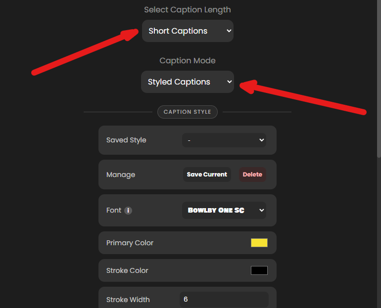 Caption X showing caption length and caption mode selectors
