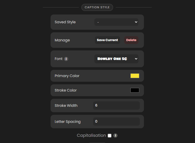 Caption X styled caption settings including font, colors, stroke width, and letter spacing