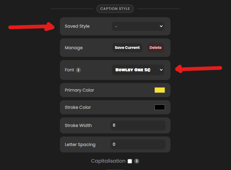 Caption X saved style and font controls