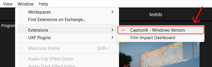 Window → Extensions → CaptionX - Windows Version in Premiere Pro
