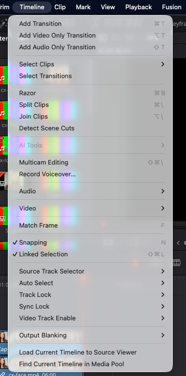 The Timeline menu in the free version of DaVinci Resolve 21, with AI Tools greyed out