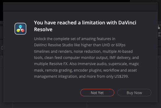 The message the free version of DaVinci Resolve shows when asked to create subtitles from audio: You have reached a limitation with DaVinci Resolve