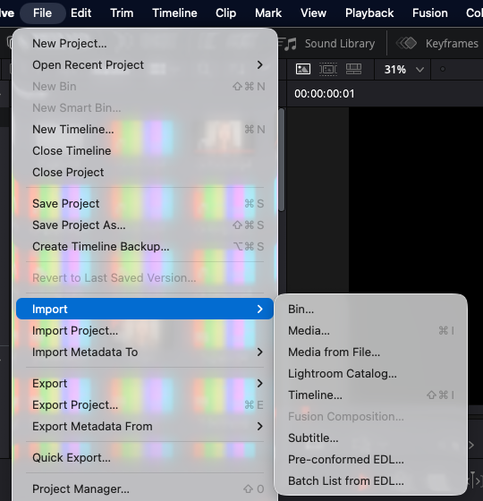 File, Import, Subtitle in the free version of DaVinci Resolve 21